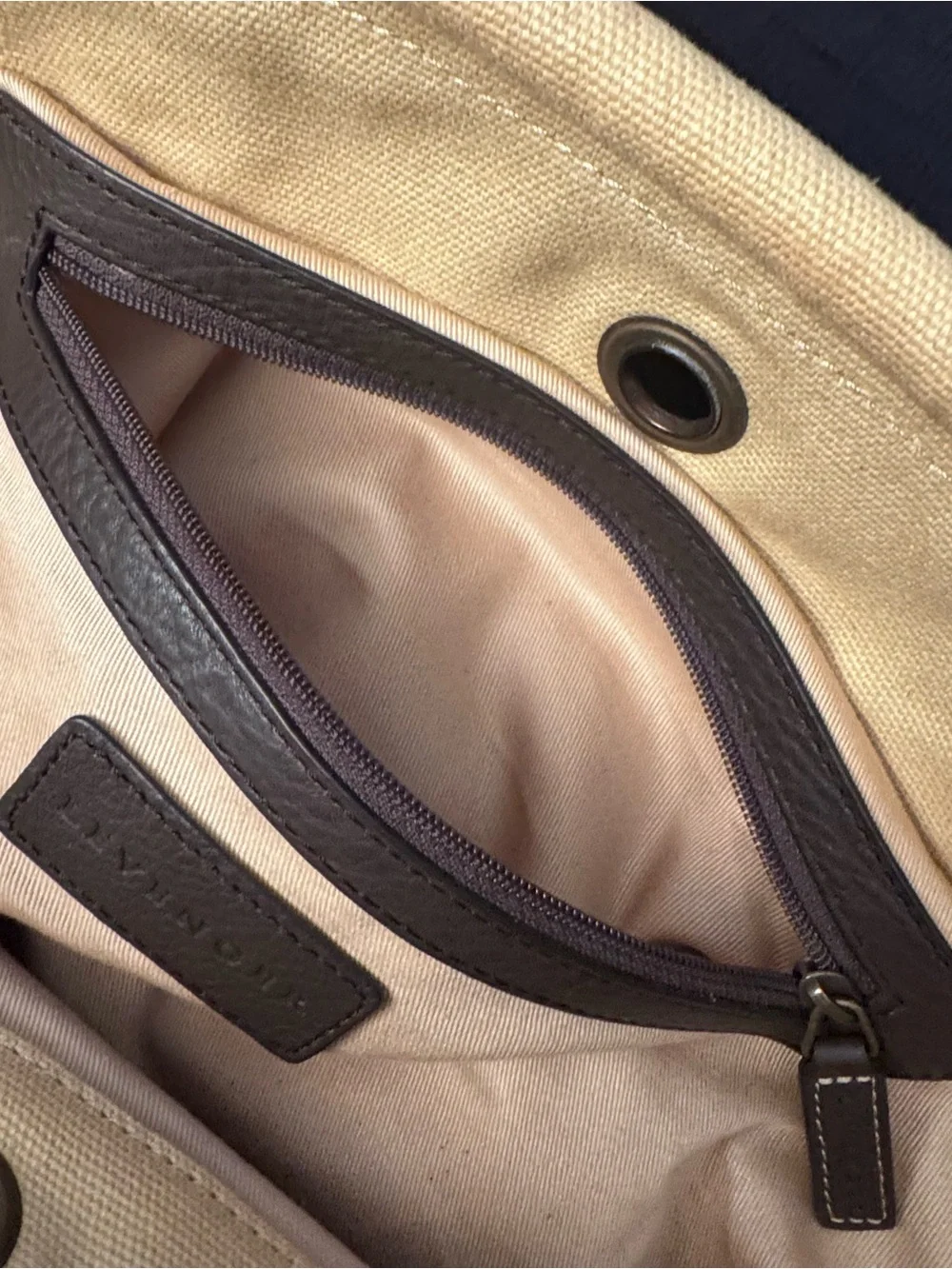 Levenger Canvas Tan and Brown Purse Tote Bag 12” x 16” Zipper Pocket inside